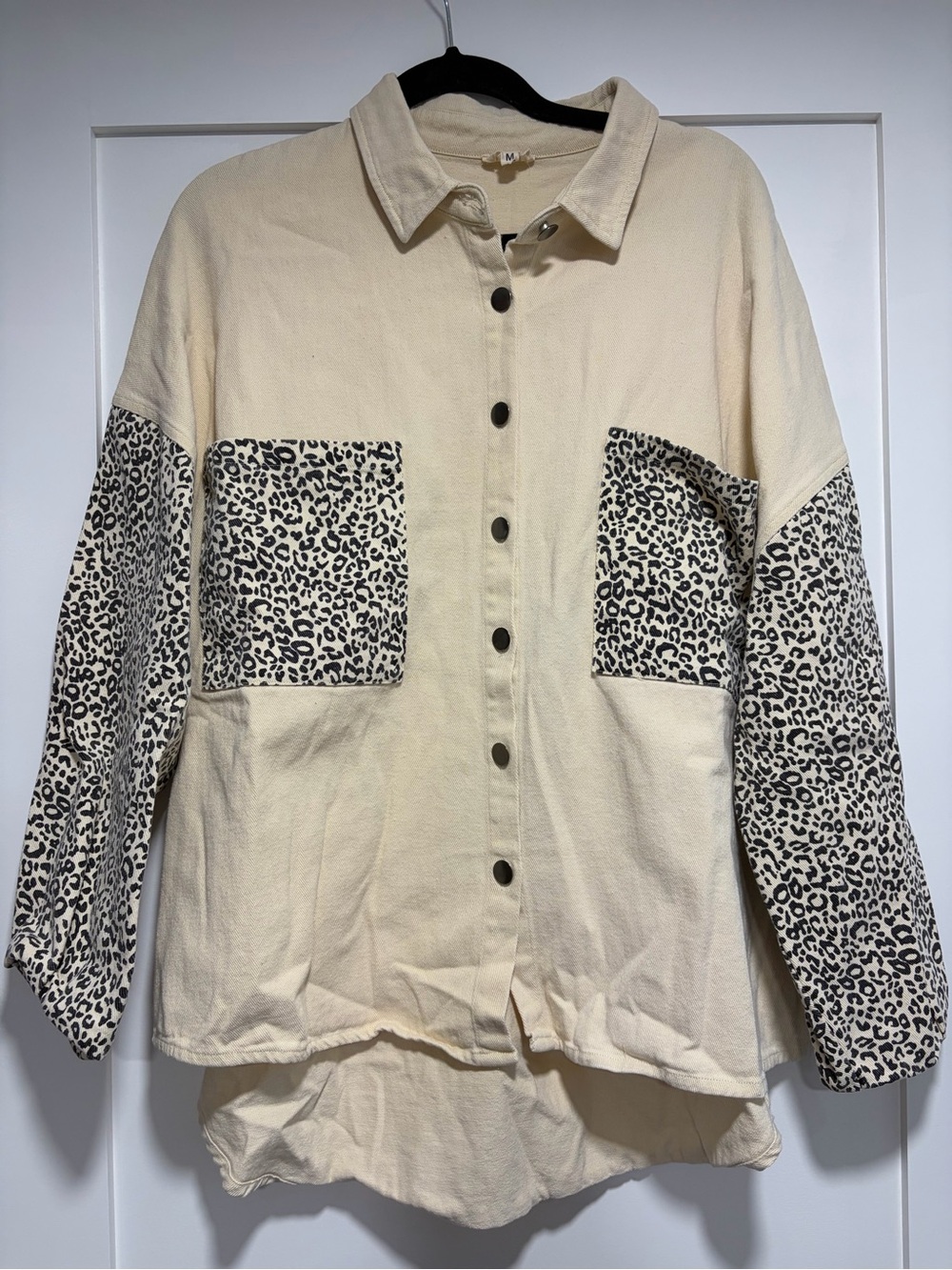 POL Cream Button-Up Top with Leopard Print Accent